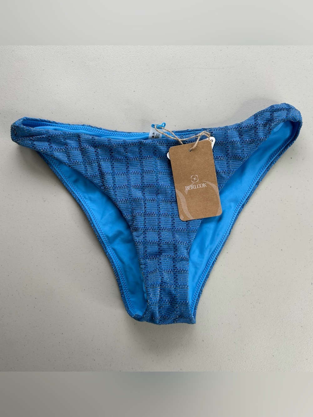 Berlook Bikini Bottom Medium Blue Mesh Plaid Swimwear NWT